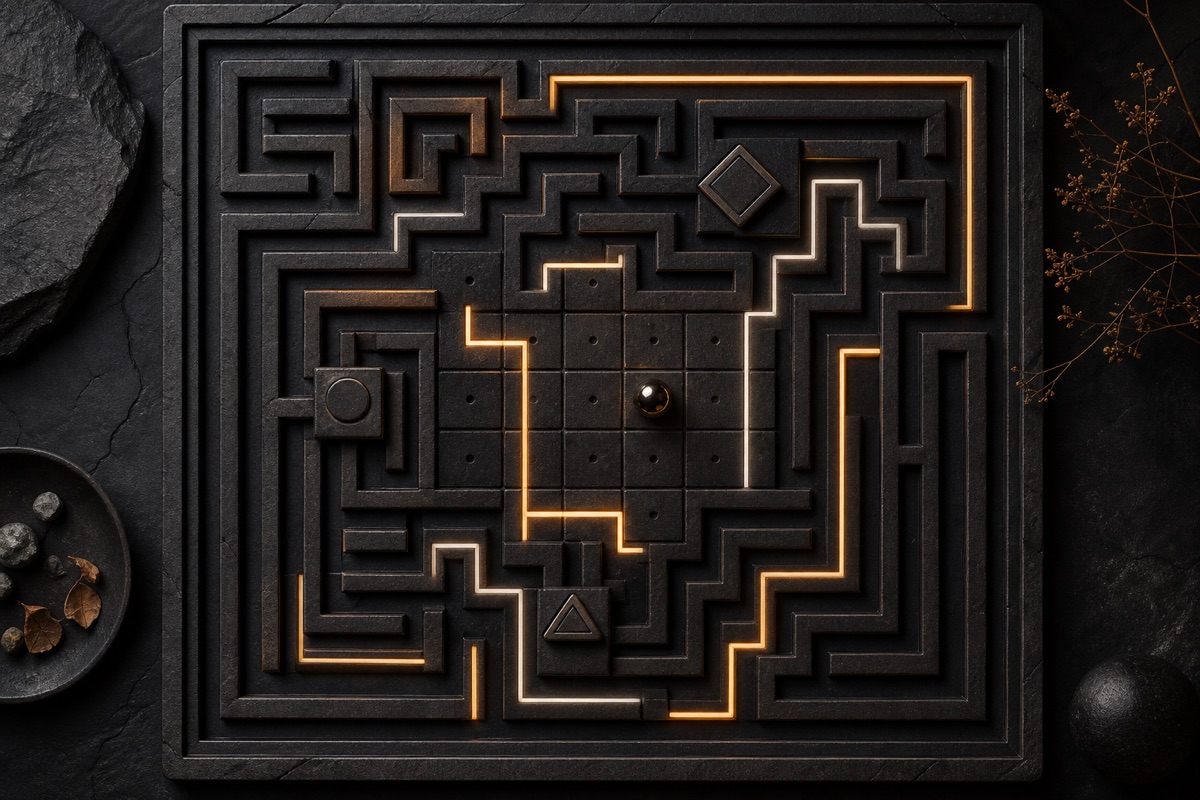 Top-down view of a maze board with glowing amber paths and a marble resting near the centre